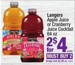 Super King Markets Langers Apple Juice or Cranberry Juice Cocktail offer