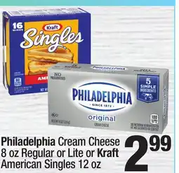 Super King Markets Philadelphia Cream Cheese 8 oz Regular or Lite or Kraft American Singles 12 oz offer
