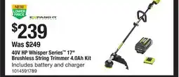 The Home Depot RYOBI 40V HP Whisper Series 17 Brushless String Trimmer 4.0Ah Kit offer