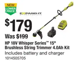 The Home Depot RYOBI HP 18V Whisper Series 15 Brushless String Trimmer 4.0Ah Kit offer