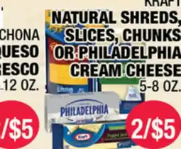 Carnicerias Jimenez KRAFT NATURAL SHREDS, SLICES, CHUNKS OR PHILADELPHIA CREAM CHEESE offer