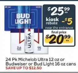 Winn Dixie 24 Pk Michelob Ultra 12 oz or Budweiser or Bud Light 16 oz cans offer