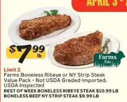 Winn Dixie Farms Boneless Ribeye or NY Strip Steak Value Pack offer