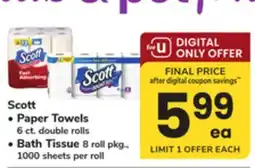 ACME Scott Paper Towels 6 ct. double rolls or Bath Tissue 8 roll pkg., 1000 sheets per roll offer