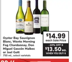 ACME Oyster Bay Sauvignon Blanc, Wente Morning Fog Chardonnay, Don Miguel Gascón Malbec or Joel Gott offer