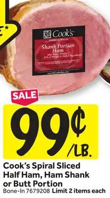 Stop&Shop Cook's Spiral Sliced Half Ham, Ham Shank or Butt Portion offer