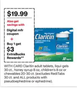 CVS Claritin adult tablets, liqui-gels 30 ct., honey syrup 8 oz, children's 8 oz or chewables 20-30 ct offer