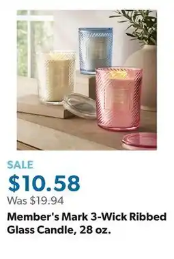 Sam's Club Member's Mark 3-Wick Ribbed Glass Candle, 28 oz offer