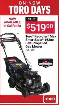 Ace Hardware Toro Recycler Max SmartStow 163cc Self-Propelled Gas Mower offer