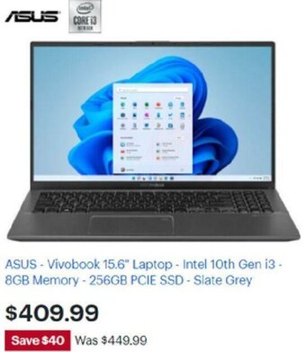 Best Buy Asus-Vivobook 15.6" Laptop-Intel 10Th Gen i3 8gb Memory-256gb PCIE SSD-Slate Grey offer