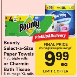 ACME Bounty Select-a-Size Paper Towels 4 ct. triple rolls or Charmin Bath Tissue 6 ct. mega XL rolls offer