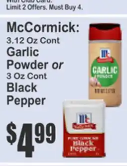 Food Universe McCormick: 3.12 Oz Cont Garlic Powder or 3 Oz Cont Black Pepper offer