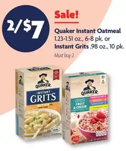 Family Dollar Quaker Instant Oatmeal 1.23-1.51 oz., 6-8 pk. or Instant Grits .98 oz., 10 pk offer