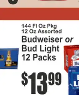 Key Food 144 Fl Oz Pkg 12 Oz Assorted Budweiser or Bud Light 12 Packs offer