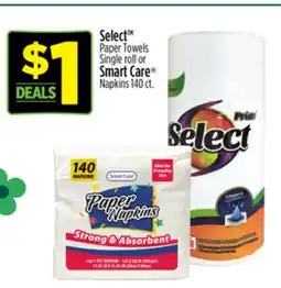 Dollar General Select Paper Towels Single roll or Smart Care Napkins offer
