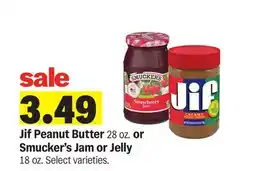 Meijer Jif Peanut Butter 28 oz. or Smucker's Jam or Jelly 18 oz offer
