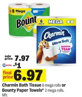 Meijer Charmin Bath Tissue 6 mega rolls or Bounty Paper Towels* 2 mega rolls. Mfr offer