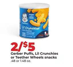 Hy-Vee Gerber Puffs, Lil Crunchies or Teether Wheels snacks offer