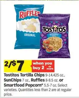 Meijer Tostitos Tortilla Chips, SunChips, Ruffles, or Smartfood Popcorn offer