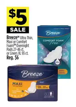 Dollar General Breeze Ultra Thin, Maxi or Comfort Foam Overnight Pads offer