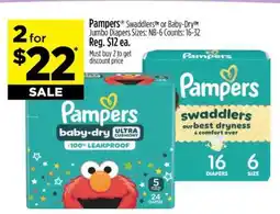 Dollar General Pampers Swaddlers or Baby-Dry Jumbo Diapers offer
