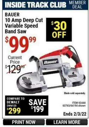Harbor Freight Tools Bauer 10 Amp Deep Cut Variable Speed Band Saw offer