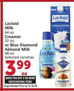 Vons Lactaid Milk 64 oz. Creamer 32 oz. or Blue Diamond Almond Milk 48 oz offer