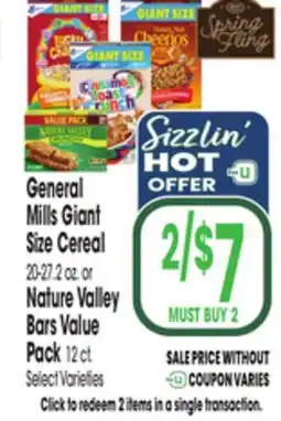 Jewel-Osco General Mills Giant Size Cereal 20-27.2 oz. or Nature Valley Bars Value Pack 12 ct offer