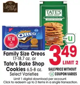 Jewel-Osco Family Size Oreos 17-18.7 oz. or Tate's Bake Shop Cookies 6.5-8 oz offer