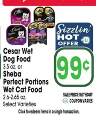 Jewel-Osco Cesar Wet Dog Food 3.5 oz. or Sheba Perfect Portions Wet Cat Food 2.6-2.65 oz offer
