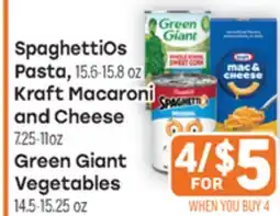Tony’s Fresh Market SpaghettiOs Pasta, Kraft Macaroni and Cheese or Green Giant Vegetables offer