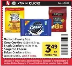Safeway Nabisco Family Size Oreo Cookies, Snack Crackers, Sargento Cheese Bakes Crackers offer