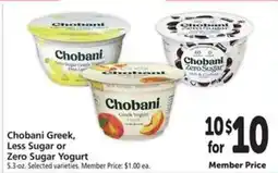 Safeway Chobani Greek, Less Sugar or Zero Sugar Yogurt offer