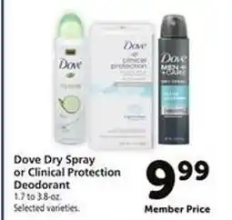 Safeway Dove Dry Spray or Clinical Protection Deodorant offer