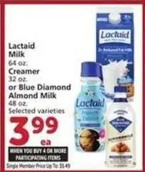 Albertsons Lactaid Milk, Creamer or Blue Diamond Almond Milk offer