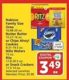 Albertsons Nabisco Family Size Oreo, Nutter Butter, Chips Ahoy!, Nilla Wafers, Ritz or Snack Crackers offer