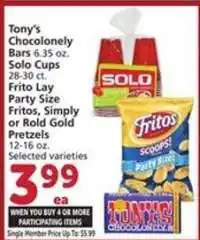 Albertsons Tony's Chocolonely Bars / Solo Cups / Frito Lay Party Size Fritos, Simply or Rold Gold Pretzels offer