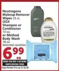 Albertsons Neutrogena Makeup Remover Wipes, OGX Shampoo or Conditioner, Method Body Wash offer