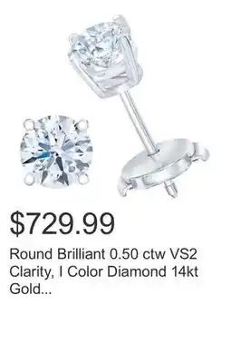 Costco Round Brilliant 0.50 ctw VS2 Clarity, I Color Diamond 14kt Gold Stud Earrings offer
