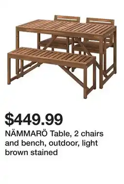 Ikea NÄMMARÖ Table, 2 chairs and bench, outdoor, light brown stained offer