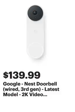 Best Buy Google - Nest Doorbell (wired, 3rd gen) - Latest Model - 2K Video and Gemini - Snow offer