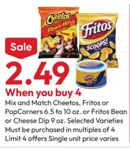 Stater Bros Mix and Match Cheetos, Fritos or PopCorners 6.5 to 10 oz. or Fritos Bean or Cheese Dip 9 oz offer