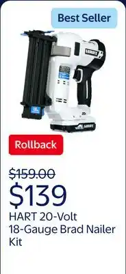 Walmart HART 20-Volt 2-inch 18-Gauge Battery-Powered Brad Nailer Kit, (1) 1.5Ah Lithium-Ion Battery offer