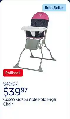 Walmart Cosco Kids Simple Fold High Chair, Pink offer