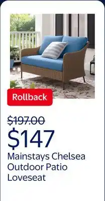 Walmart Mainstays Chelsea Outdoor Patio Loveseat with Blue Cushions offer