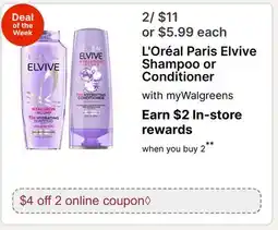 Walgreens L'Oréal Paris Elvive Shampoo or Conditioner offer
