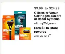 Walgreens Gillette or Venus Cartridges, Razors or Razor Systems offer
