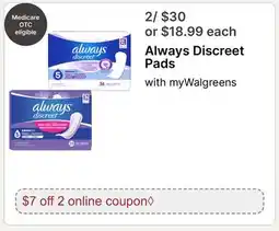 Walgreens Always Discreet Pads with myWalgreens offer