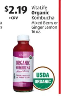 Aldi VitaLife Organic Kombucha Mixed Berry or Ginger Lemon offer