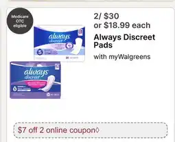 Walgreens Always Discreet Pads offer